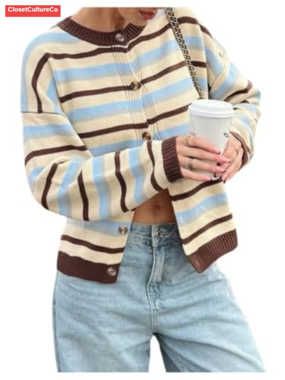 Striped Button Up Cardigan Sweater Long Sleeve Knitted Crew Neck Fall